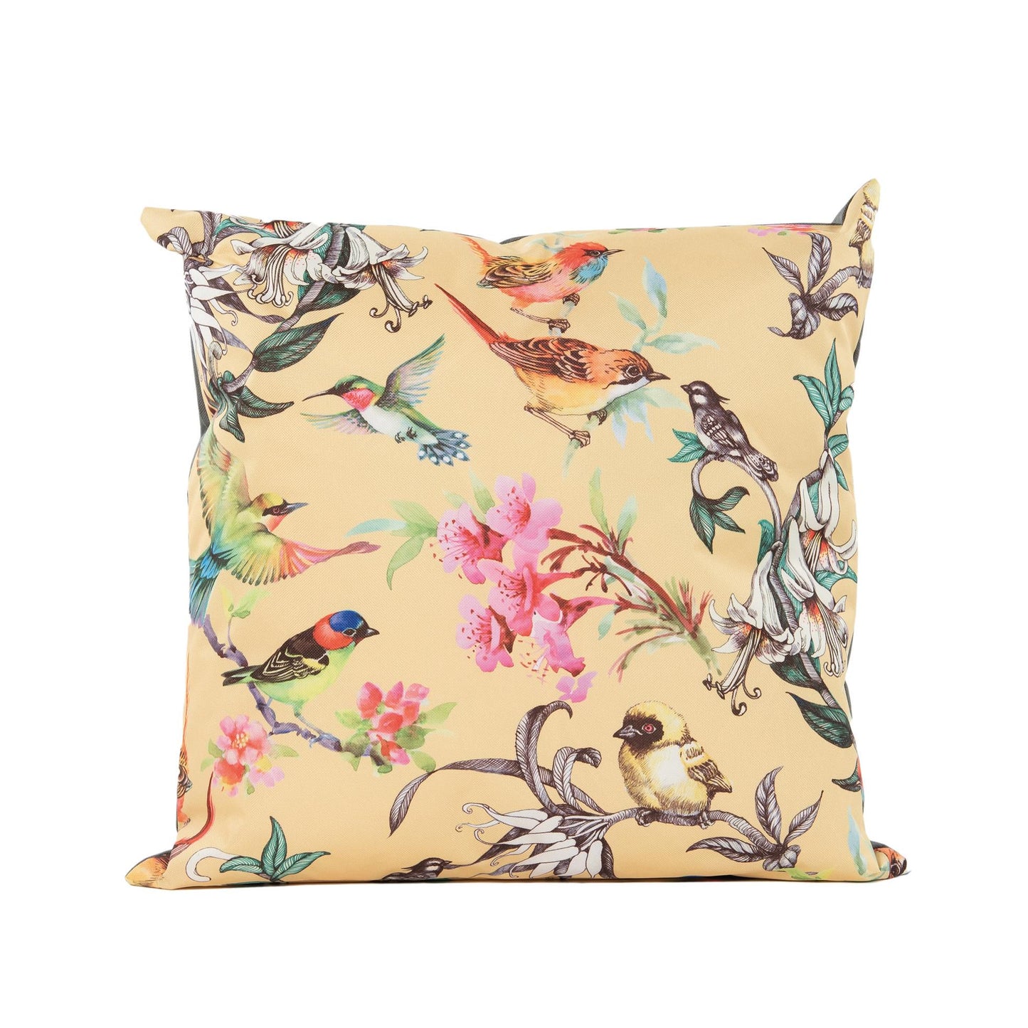 Buitenkussen vogels geel 45x45