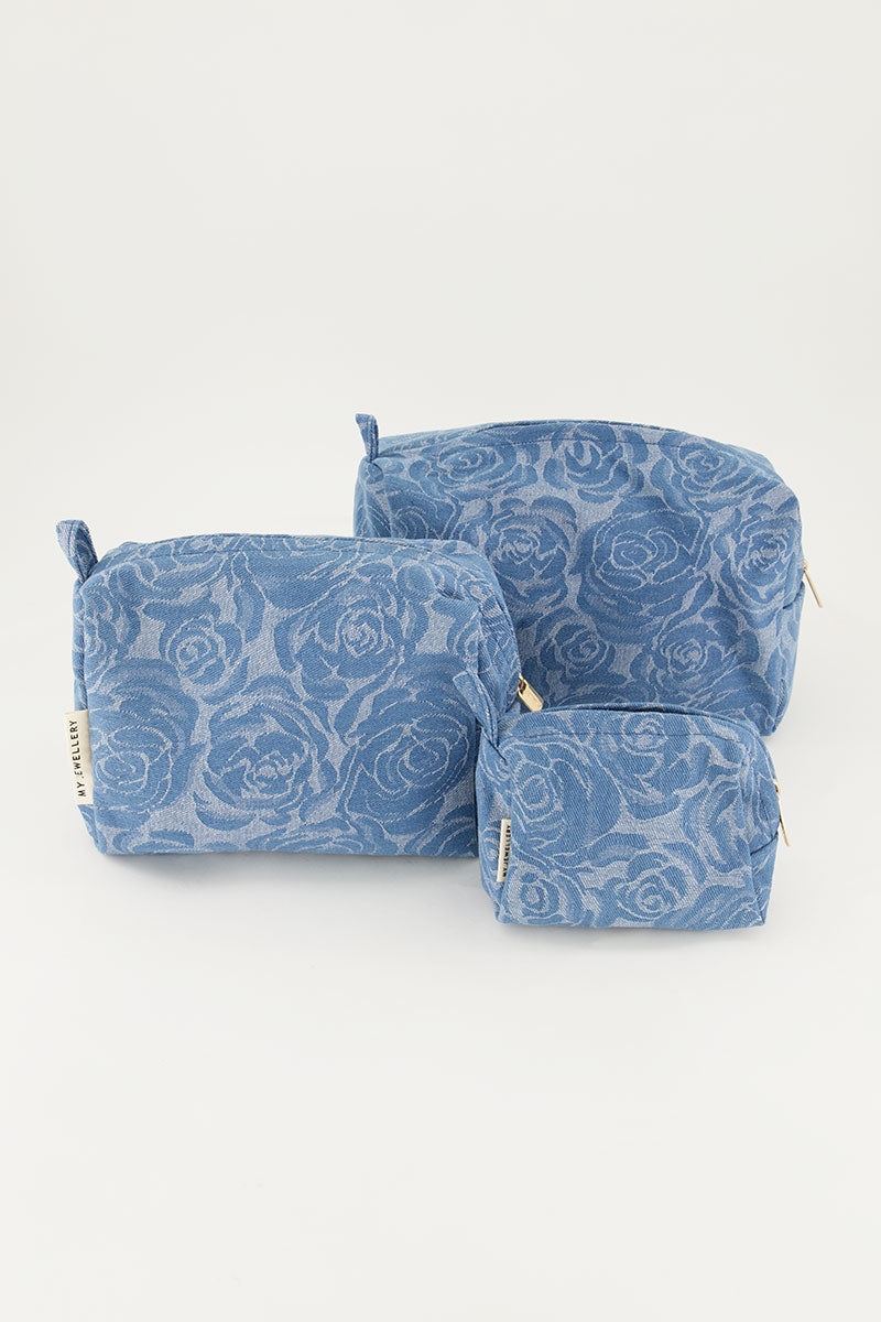Denim toilettas set met rozen print