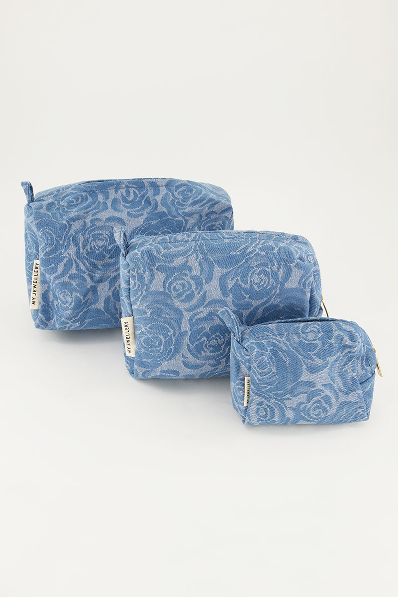 Denim toilettas set met rozen print