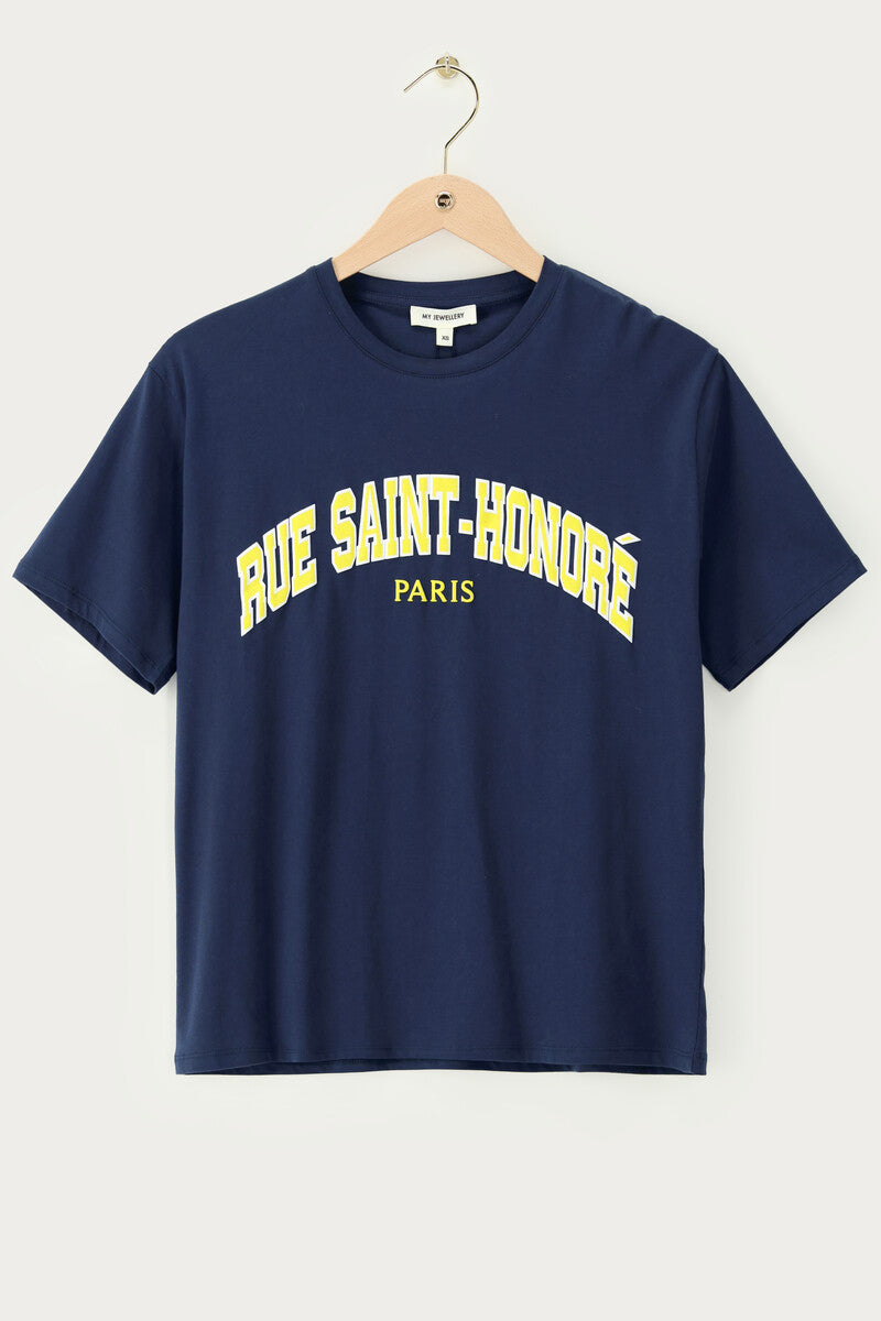 Donkerblauw T-shirt "Rue saint-honoré" Geel