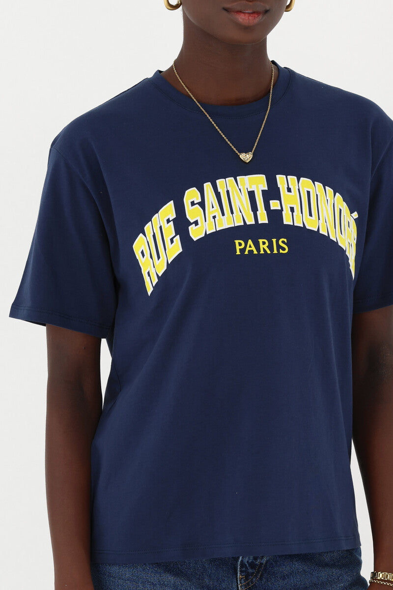 Donkerblauw T-shirt "Rue saint-honoré" Geel