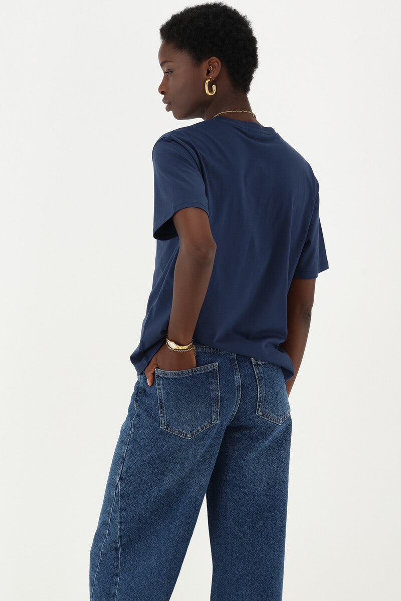 Donkerblauw T-shirt "Rue saint-honoré" Geel