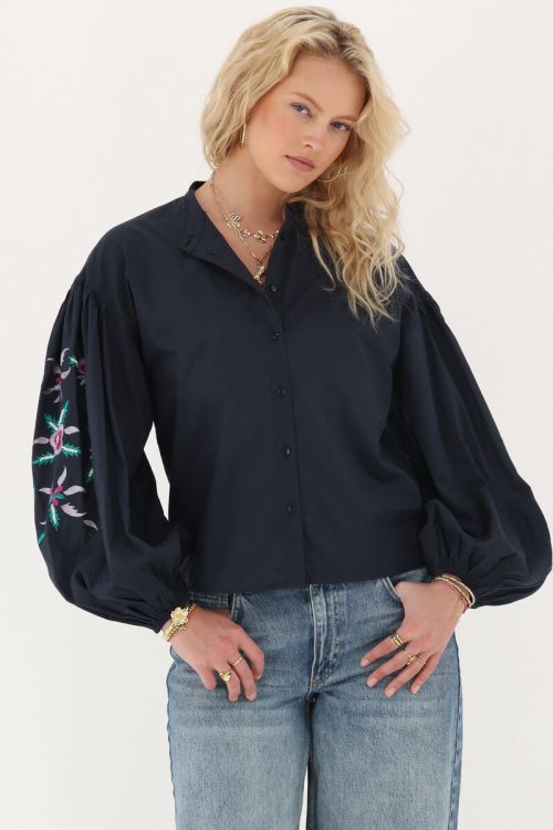 My Jewellery Donkerblauwe embroidery blouse met bloemen Blauw