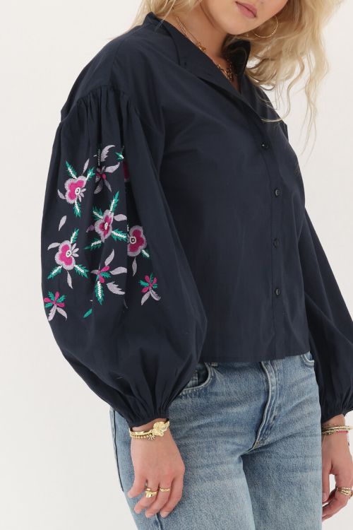 My Jewellery Donkerblauwe embroidery blouse met bloemen Blauw
