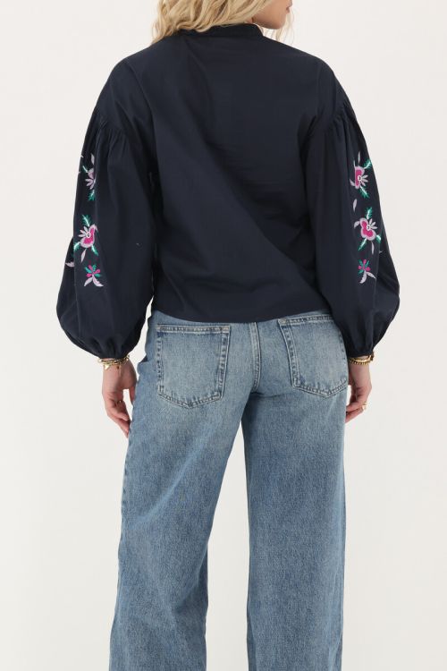 My Jewellery Donkerblauwe embroidery blouse met bloemen Blauw
