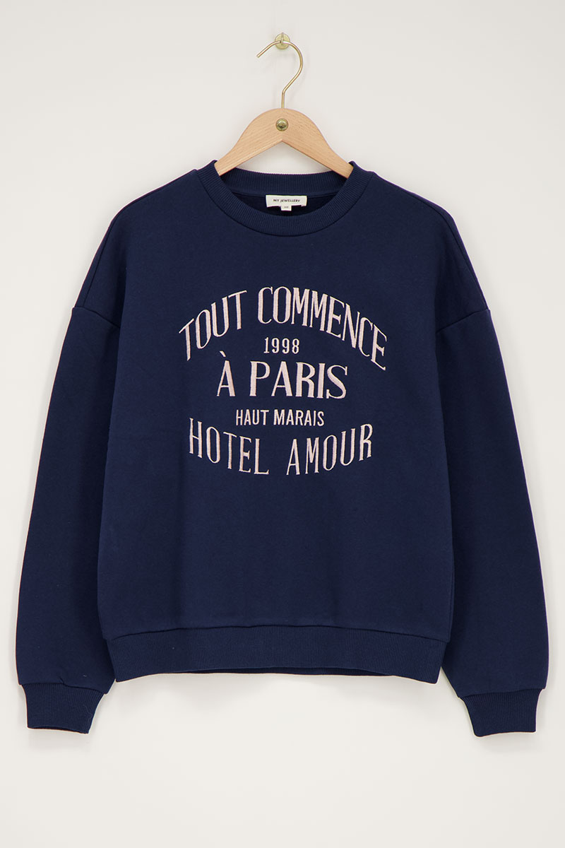 Donkerblauwe sweater "Hotel amour" Donkerblauw