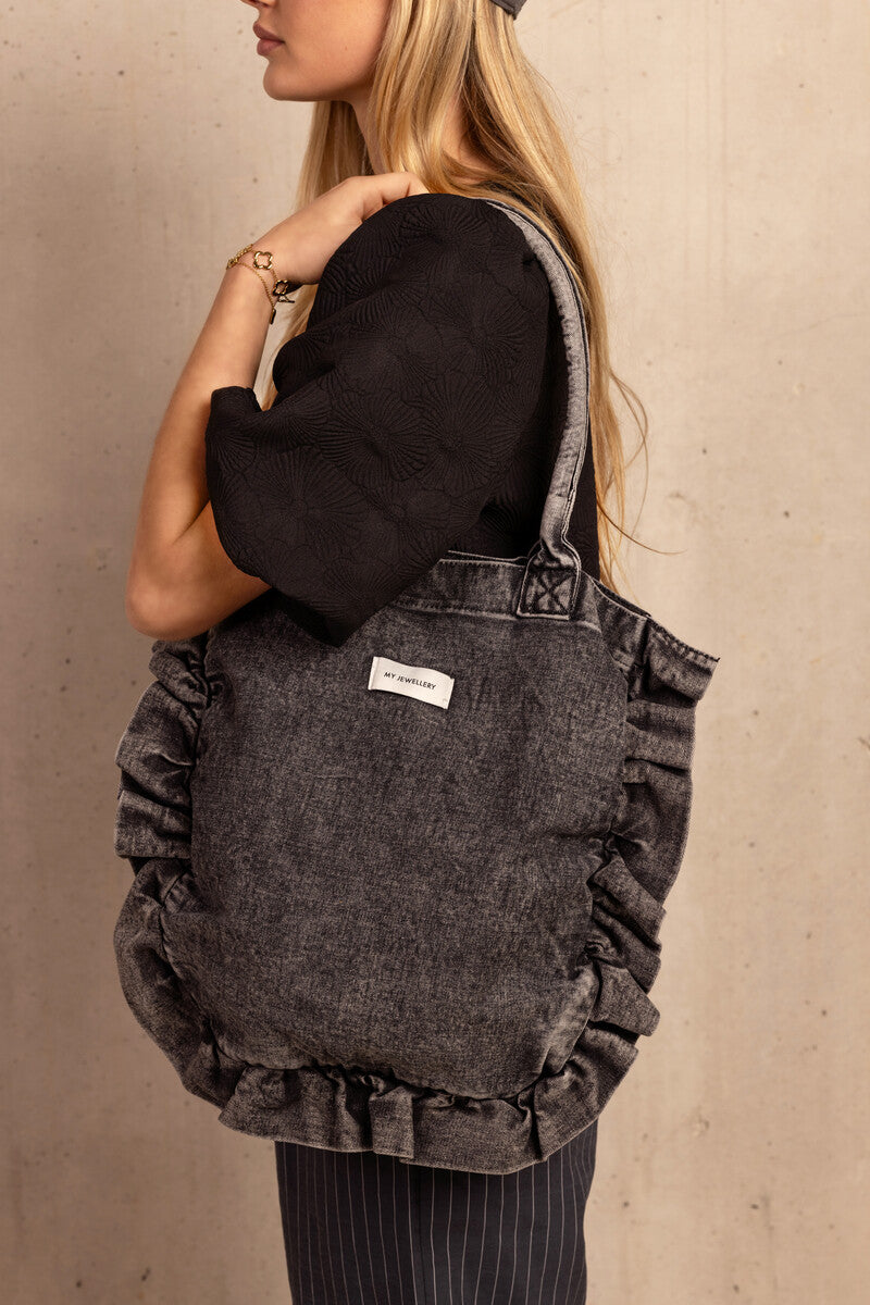 Grijze denim shopper met ruffles