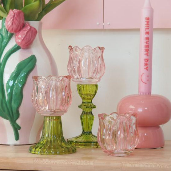 Waxinelichtje tulp roze met groen M