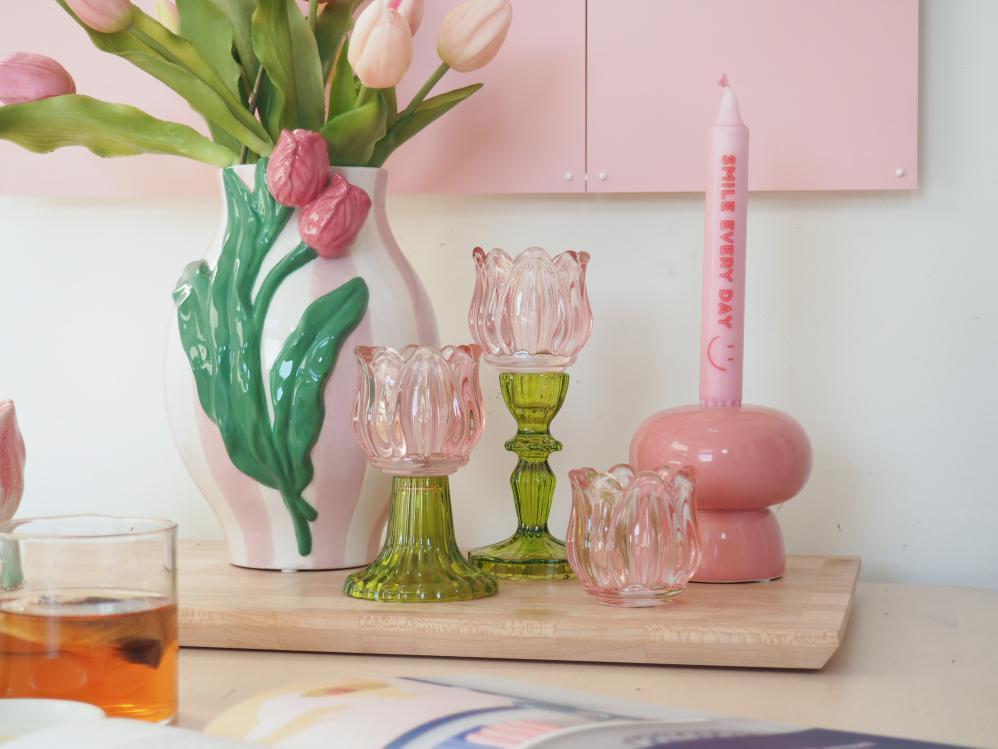 Waxinelichtje tulp roze met groen M