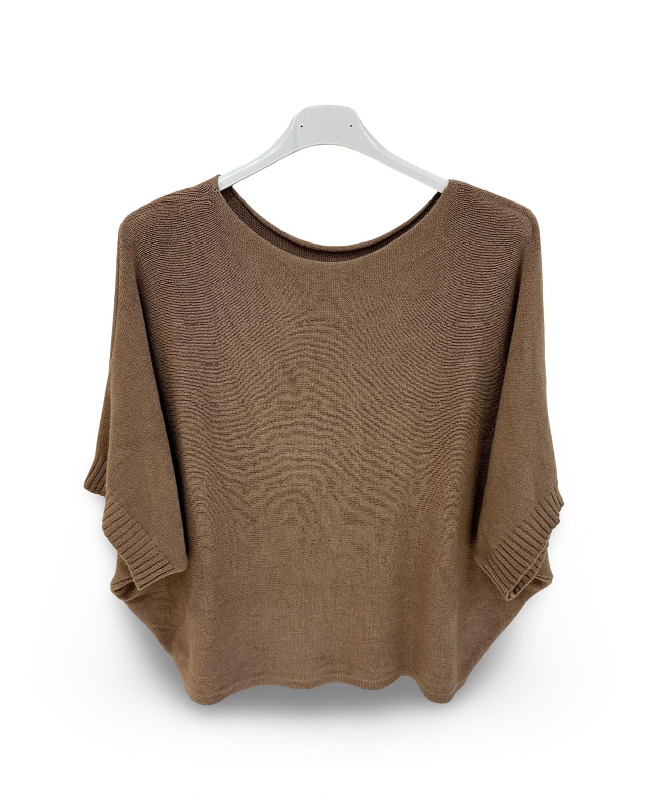 Oversized fijn gebreide trui met korte mouw vleermuis Camel