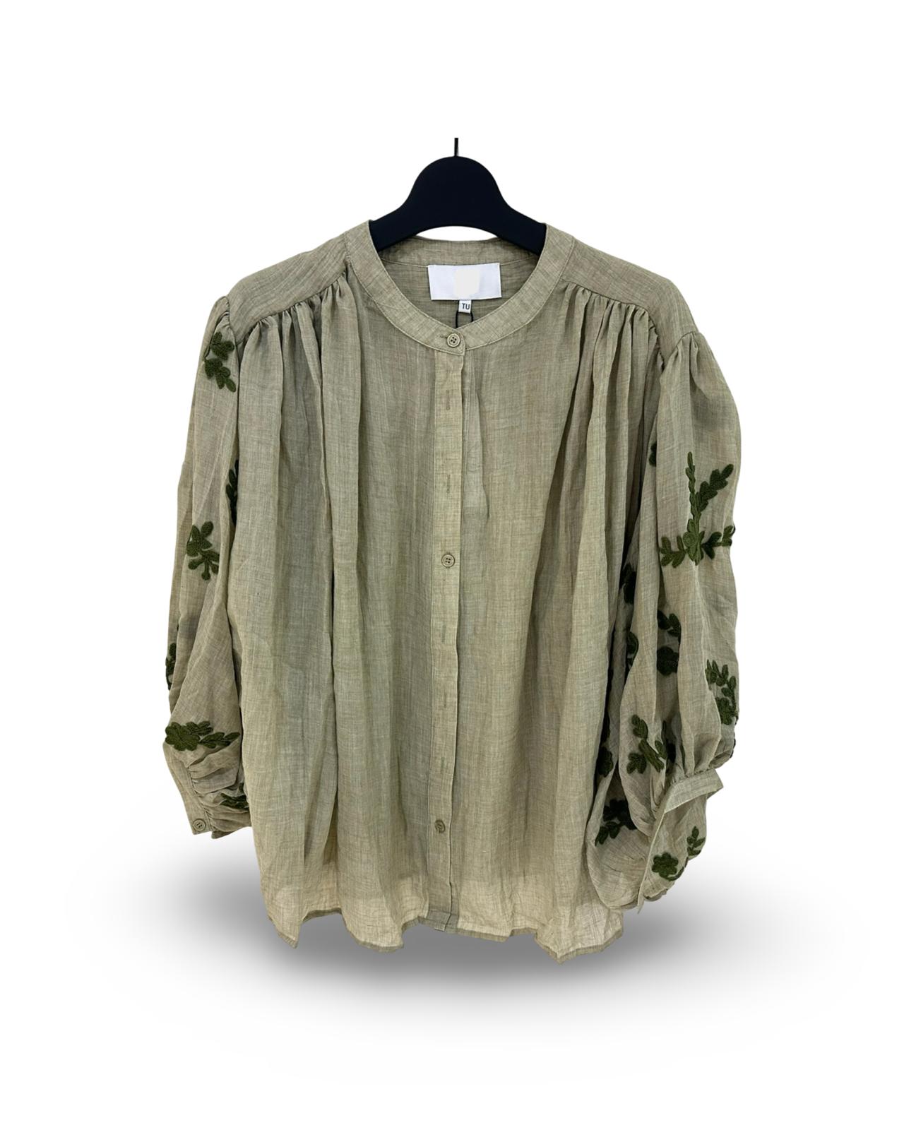 Oversized luchtige katoenen blouse met geborduurde print Army