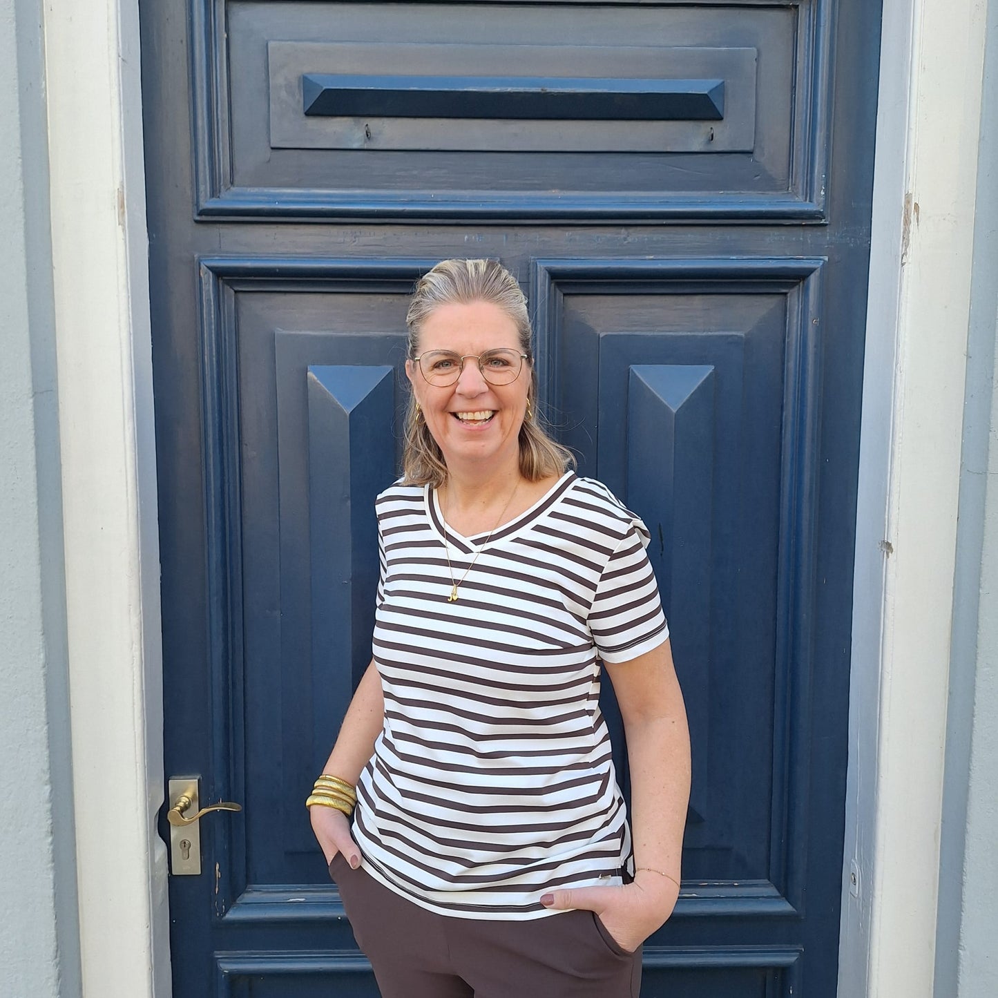 Mi piace T-shirt V Hals Stripe Dark Blue
