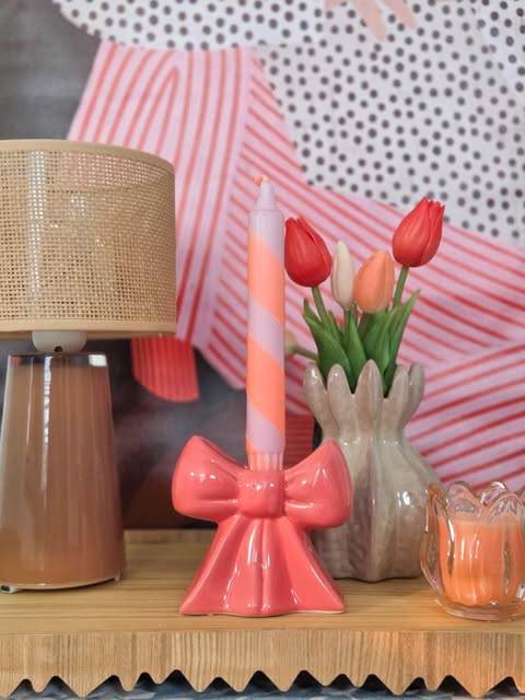 Aardewerk kaarsenstandaard bows roze