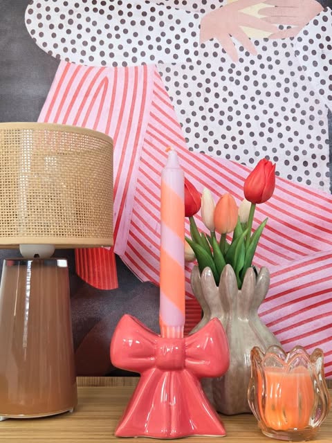 Aardewerk kaarsenstandaard bows roze