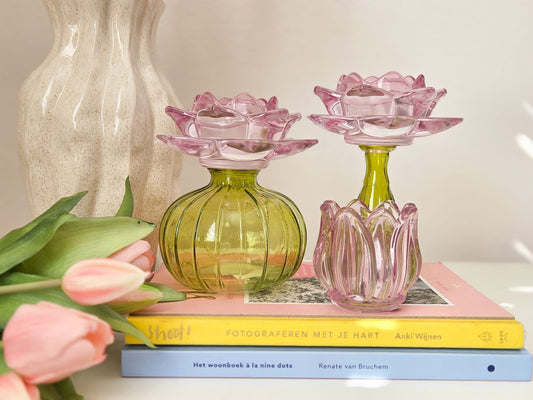 Waxinehouder bloem roze met groen hoog