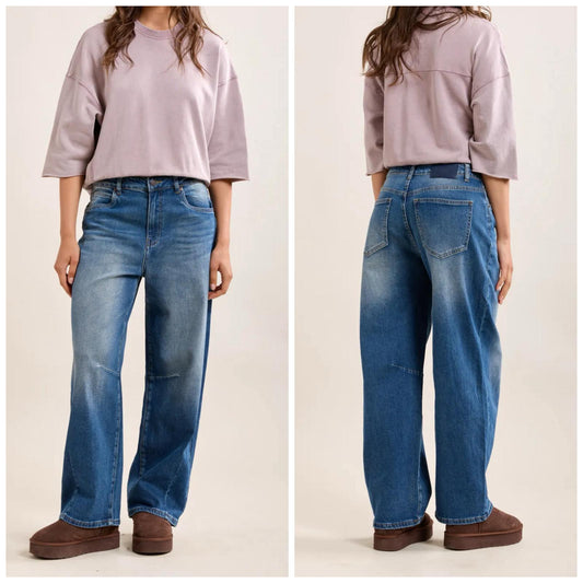 Ballon fit jeans met naad op de knie Donkerdenim