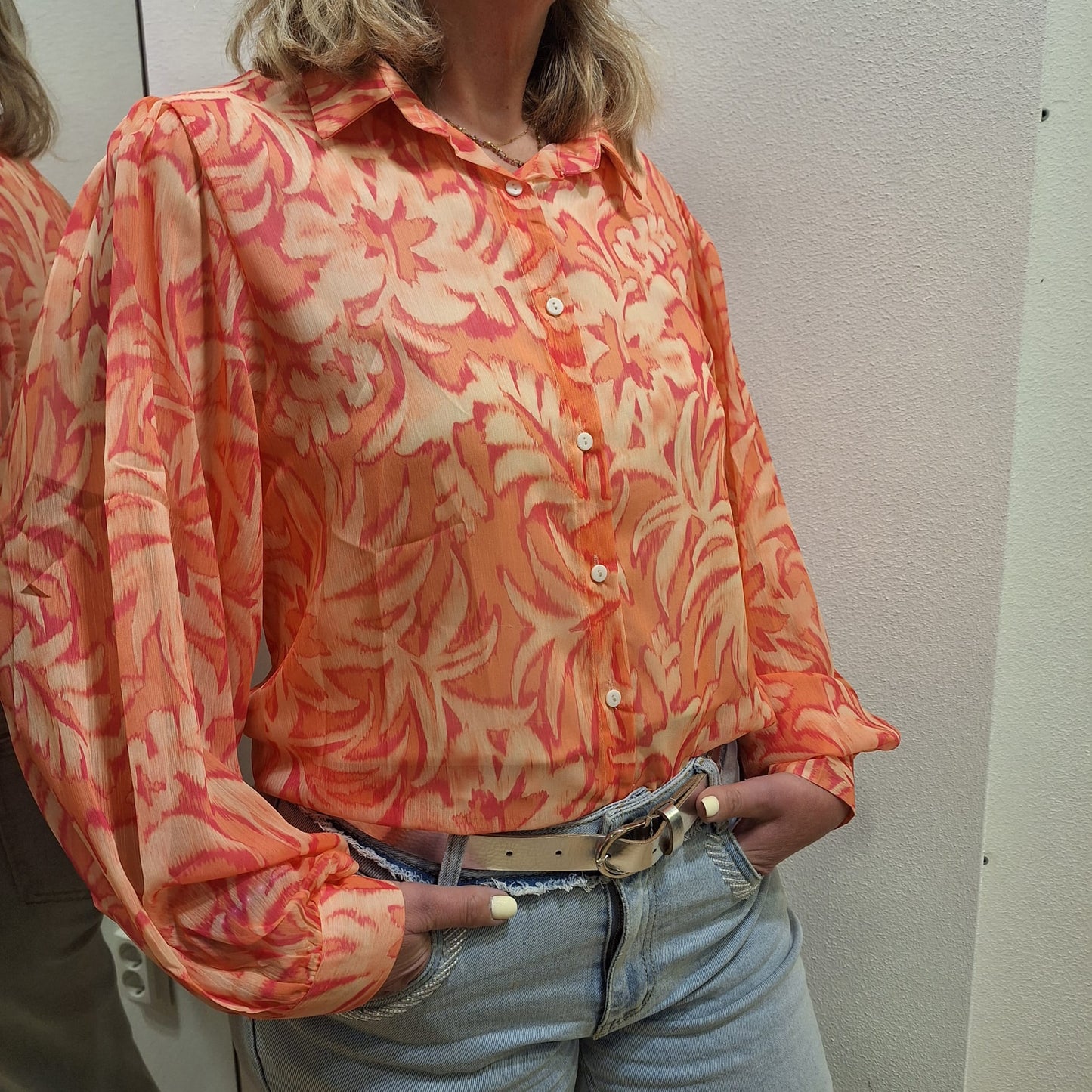 Blouse voile oranje met  fuchsia Oranje