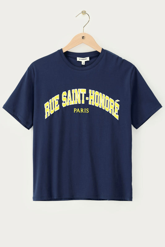 Donkerblauw T-shirt "Rue saint-honoré" Geel