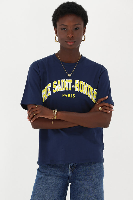 Donkerblauw T-shirt "Rue saint-honoré" Geel