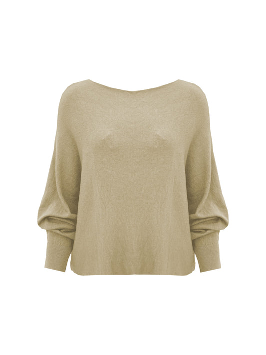 Fijn gebreide trui met vleermuis mouw Beige