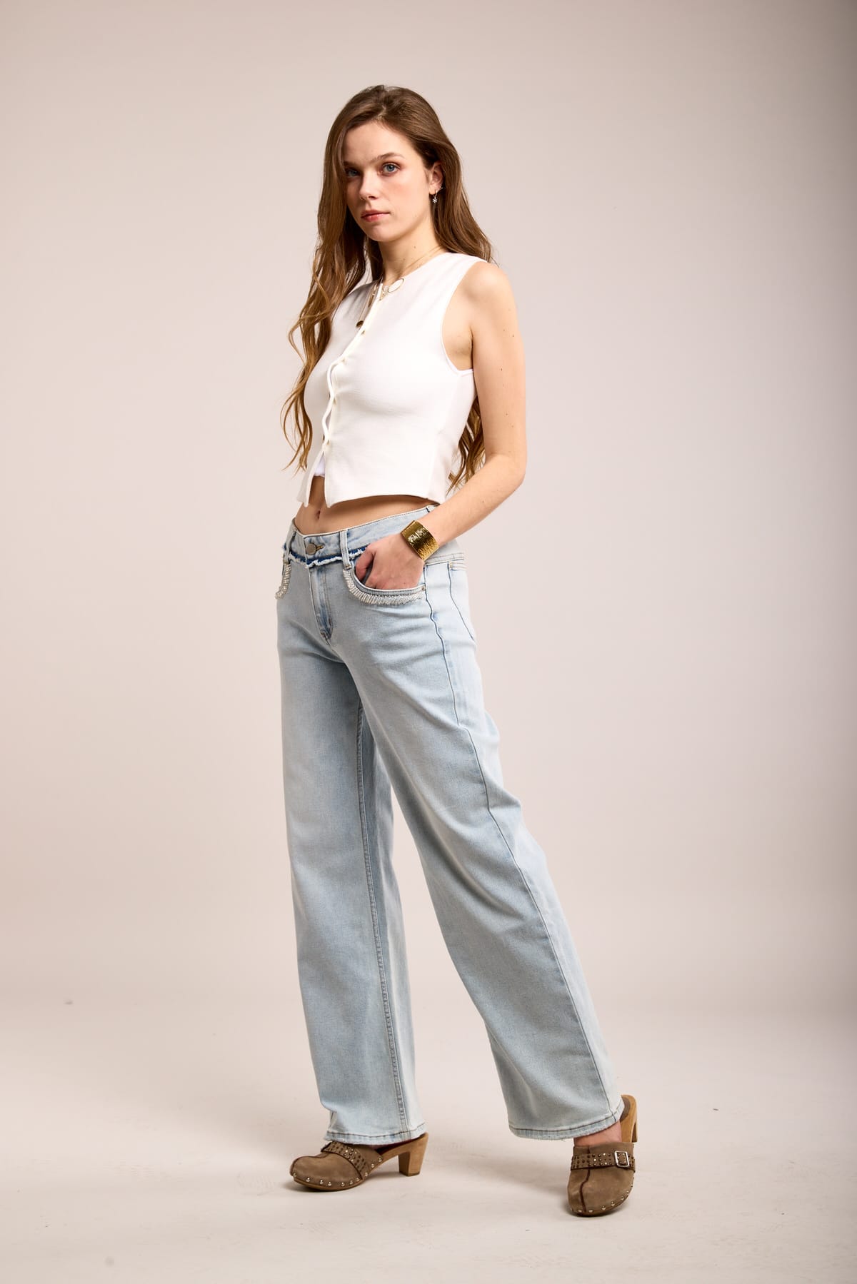 Jeans wide leg met rafels en strass