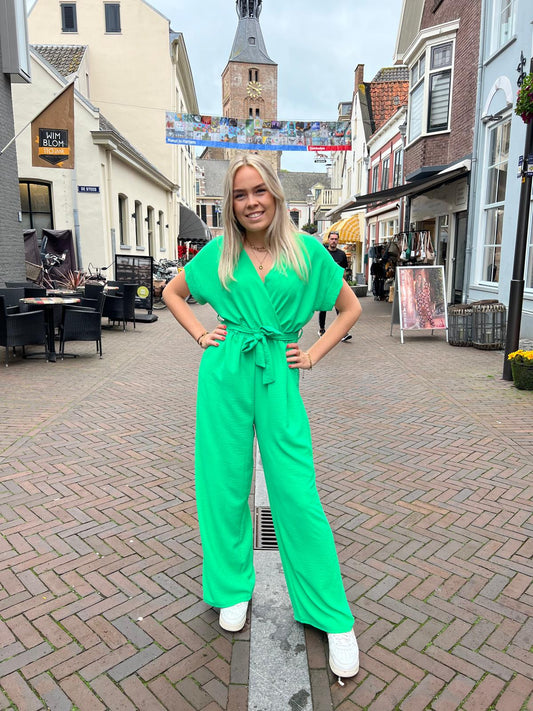 Jumpsuit overslag met ceintuur Groen
