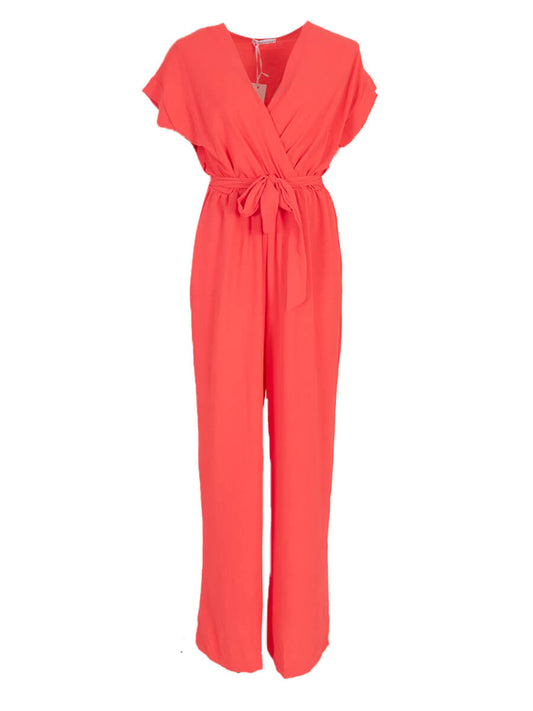 Jumpsuit overslag met ceintuur Koraal