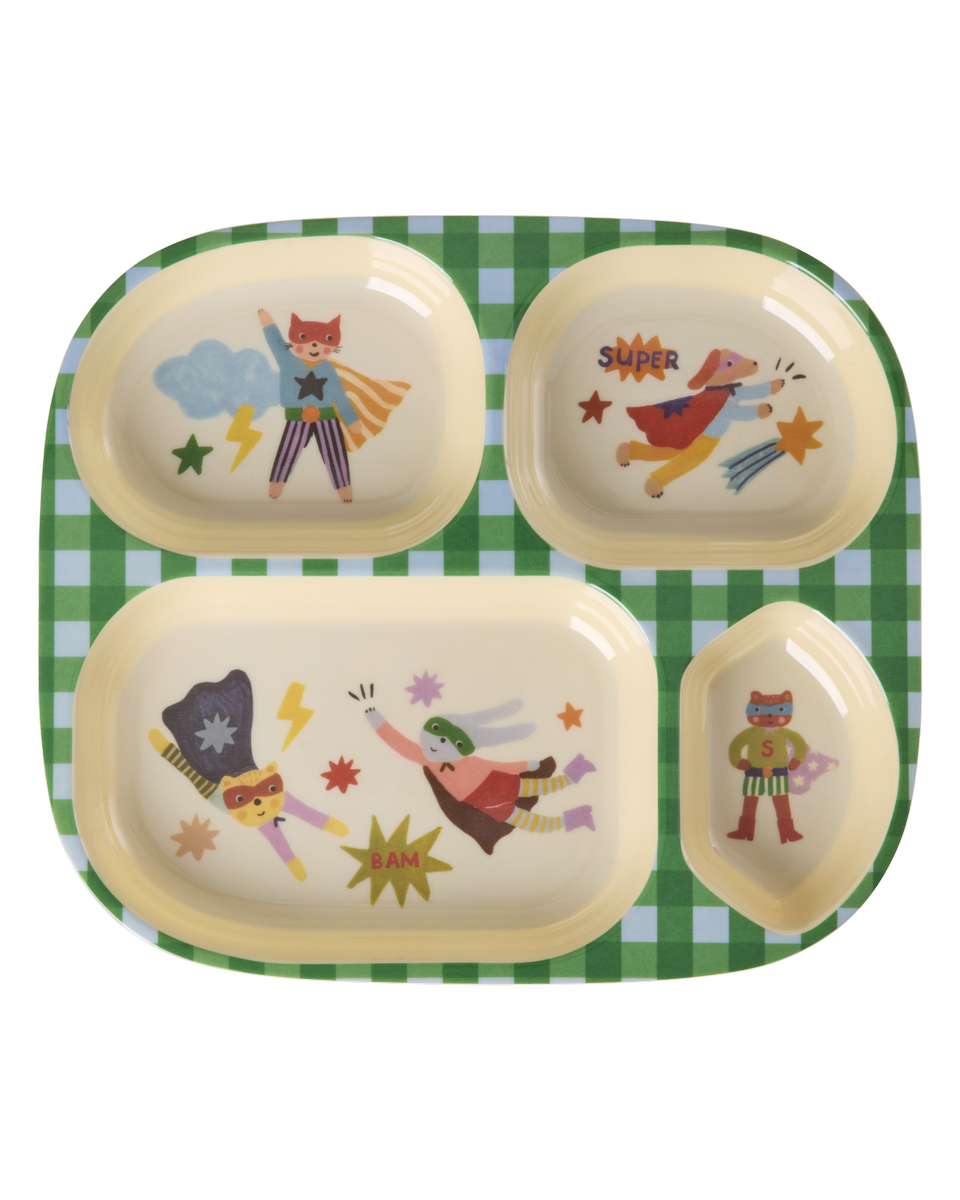 Melamine Kids 4 Room Plate with Hero Print Green