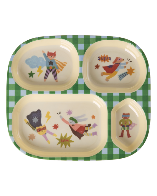 Melamine Kids 4 Room Plate with Hero Print Green