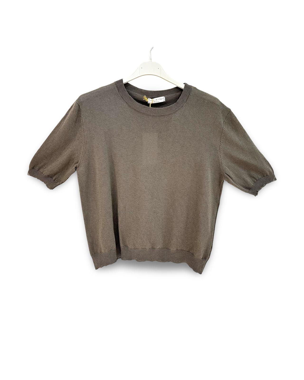 Katoenen trui/t-shirt met korte mouw en ronde hals Donkerbruin