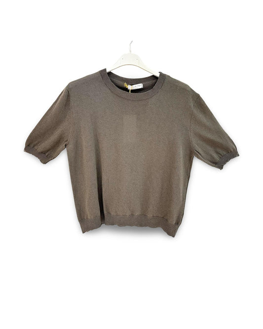 Katoenen trui/t-shirt met korte mouw en ronde hals Donkerbruin
