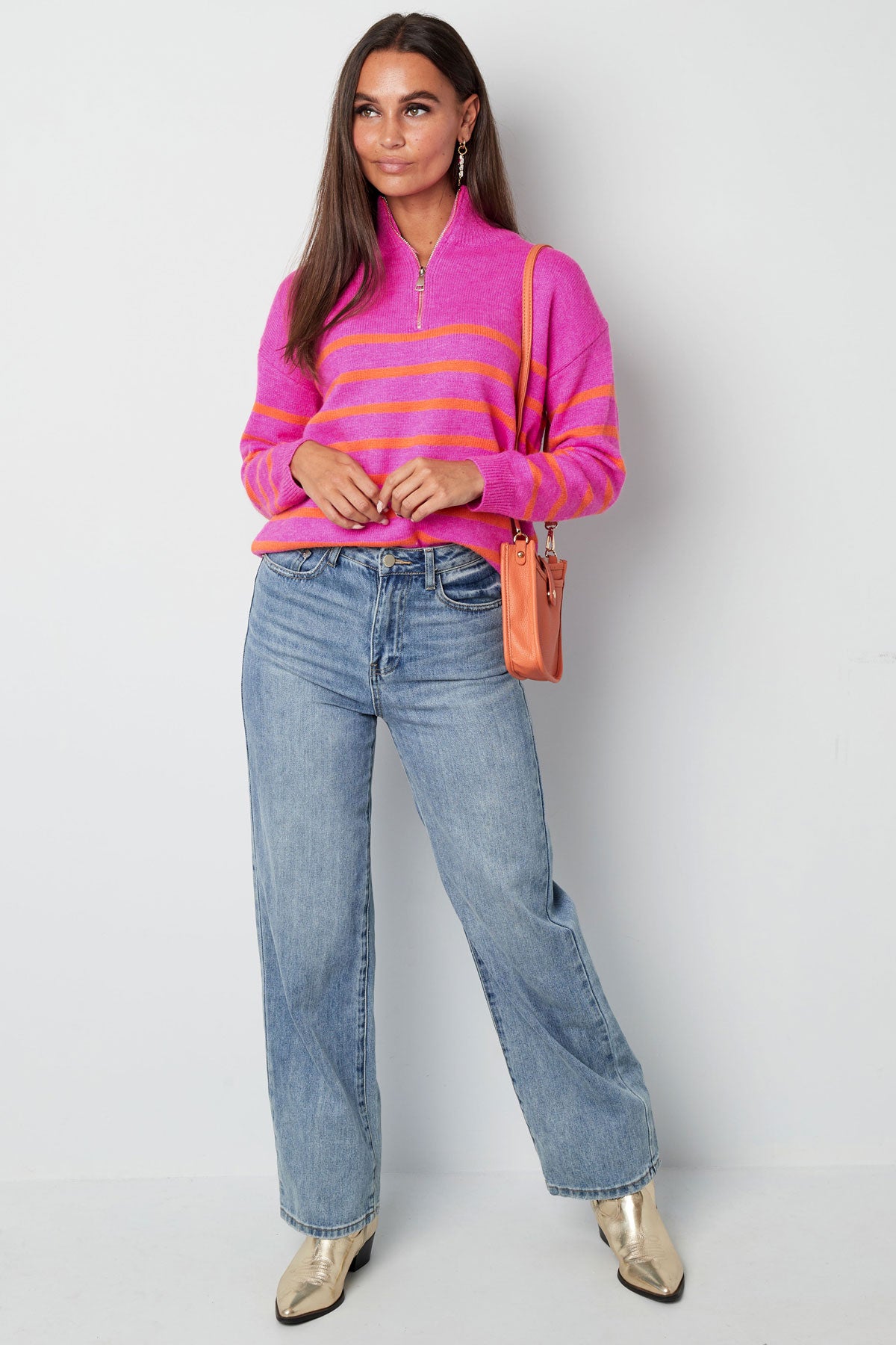 Knitted sweater stripes with zipper Fuchsia