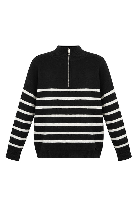 Knitted sweater stripes with zipper Zwart