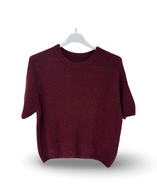 Korte mouw trui met ronde hals in Alpaca Bordeaux
