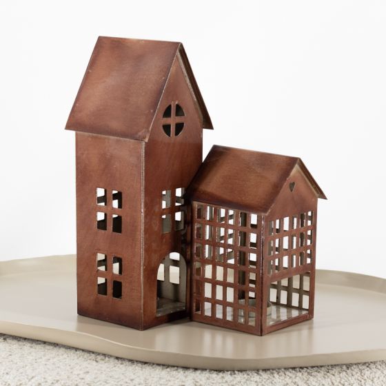 Metalen huisje waxinehouder amber hartje