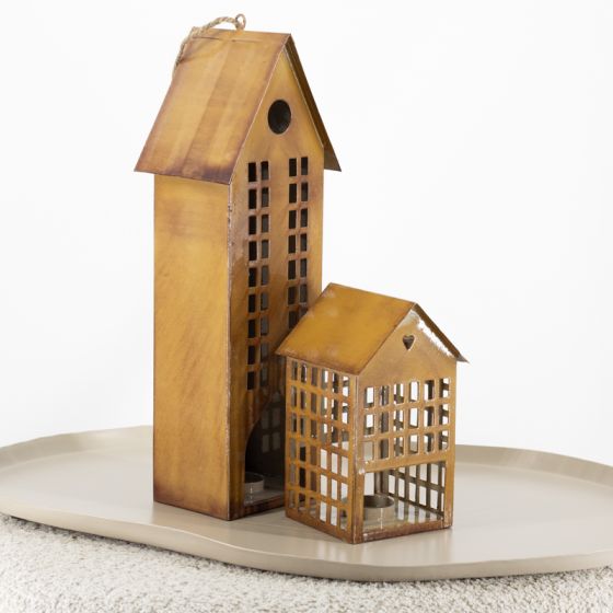 Metalen huisje waxinehouder mustard hartje