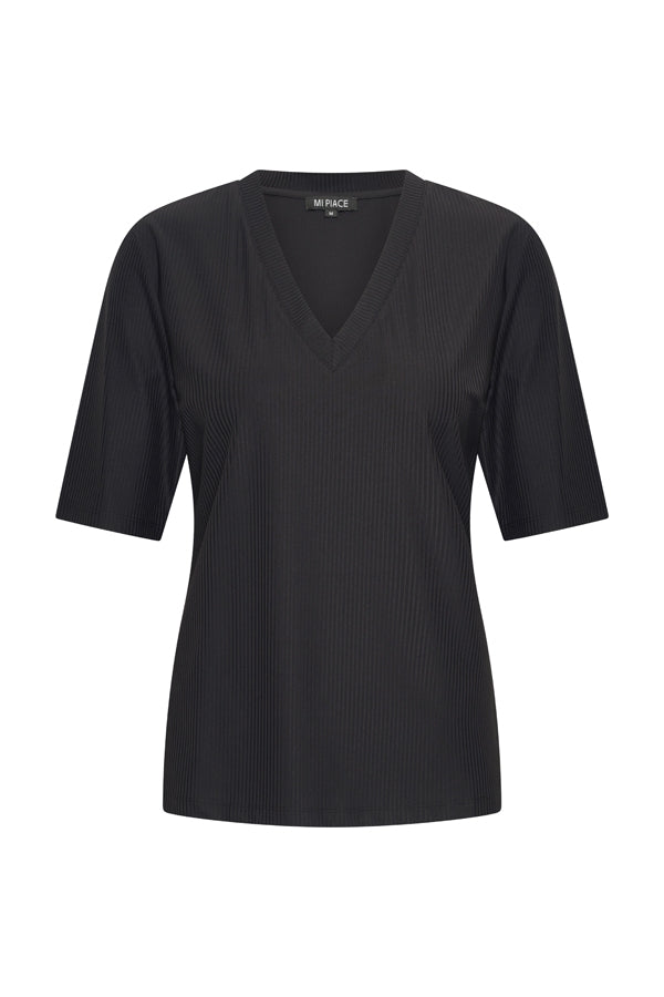 Mi Piace Shirt V Neck Ribbed Zwart