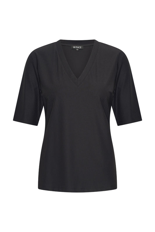 Mi Piace Shirt V Neck Ribbed Zwart