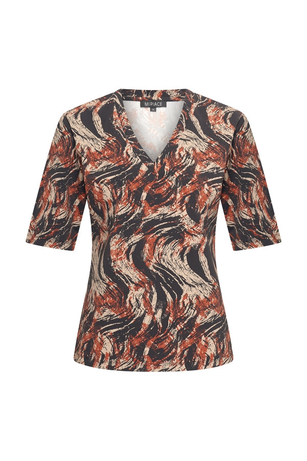 Mi piace T Shirt V Neck Swirly Print Caramel