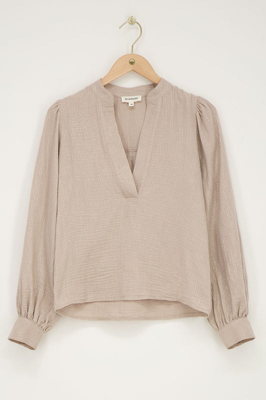 Mousseline blouse met glitter streep Beige