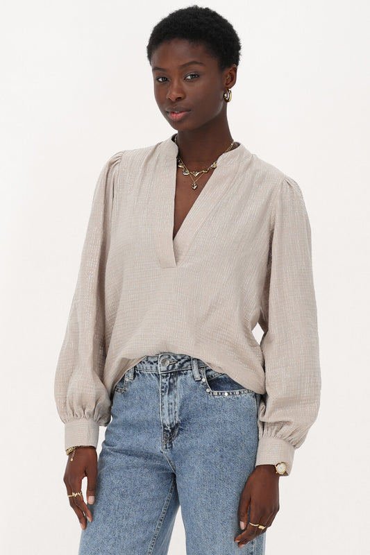 Mousseline blouse met glitter streep Beige