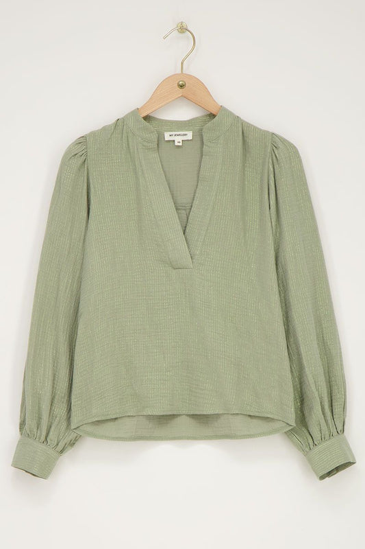 Mousseline blouse met glitter streep Mintgroen