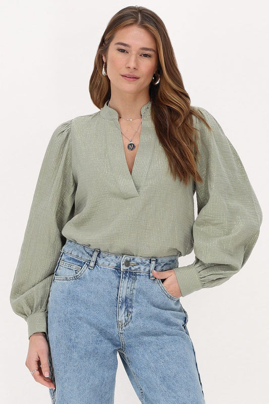 Mousseline blouse met glitter streep Mintgroen