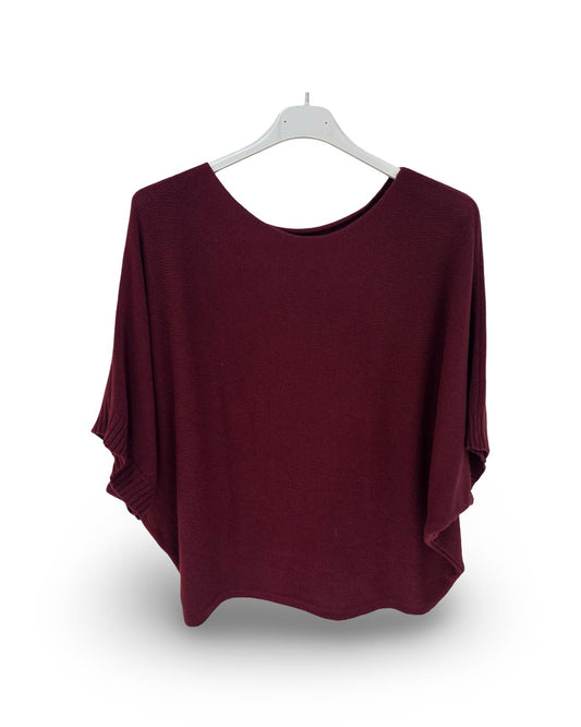Oversized fijn gebreide trui met korte mouw vleermuis Bordeaux