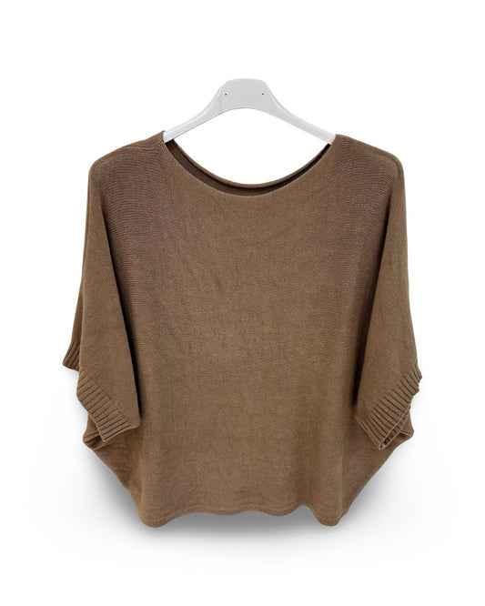 Oversized fijn gebreide trui met korte mouw vleermuis Camel
