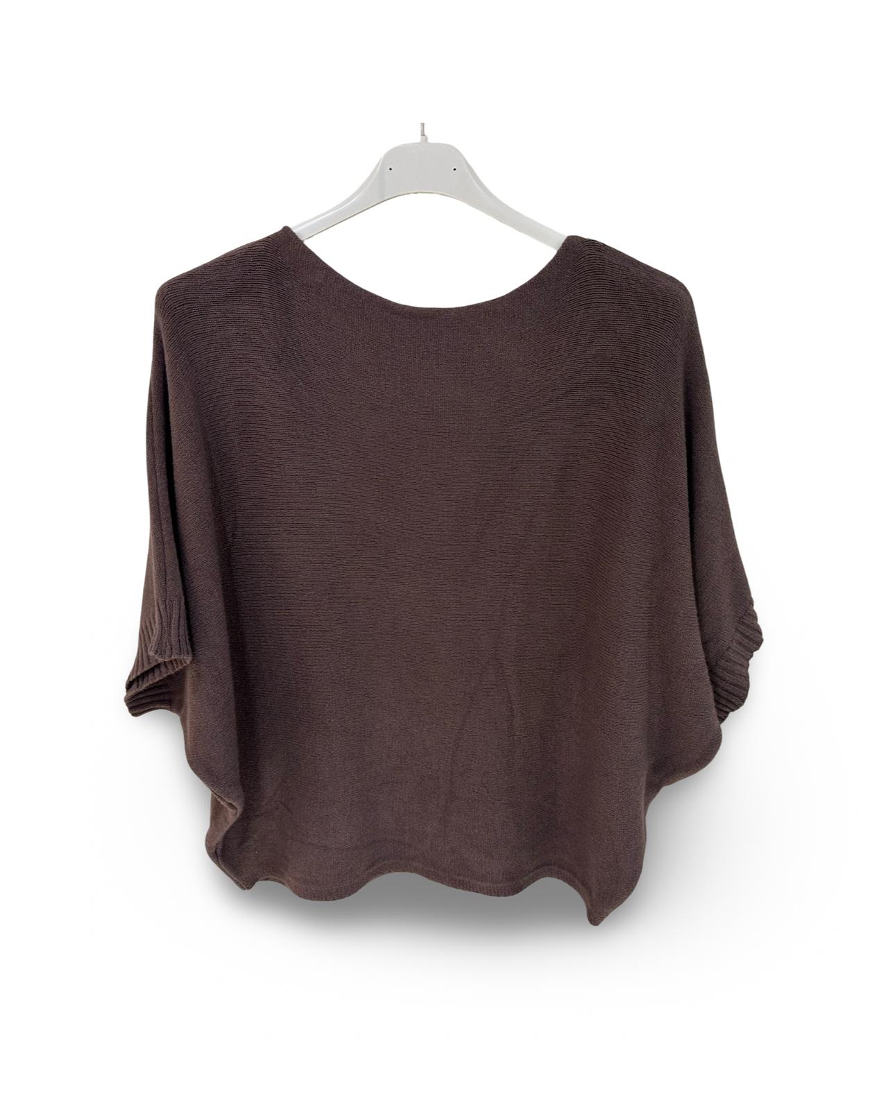 Oversized fijn gebreide trui met korte mouw vleermuis Donkertaupe