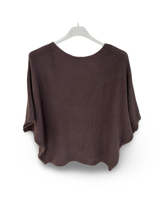 Oversized fijn gebreide trui met korte mouw vleermuis Donkertaupe
