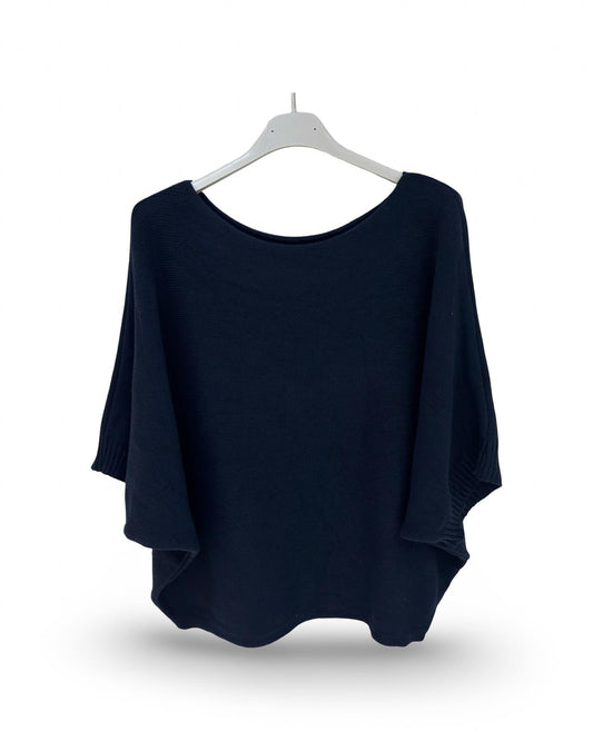 Oversized fijn gebreide trui met korte mouw vleermuis Navy