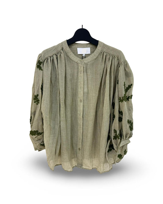 Oversized luchtige katoenen blouse met geborduurde print Army