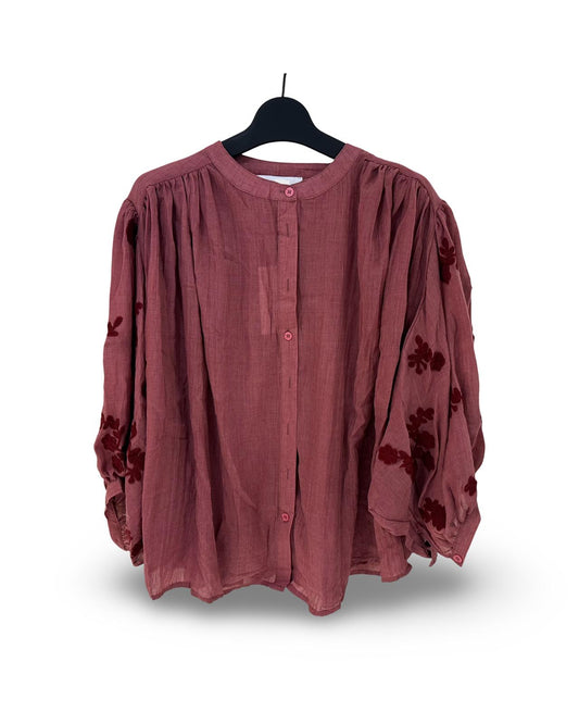 Oversized luchtige katoenen blouse met geborduurde print Oudroze